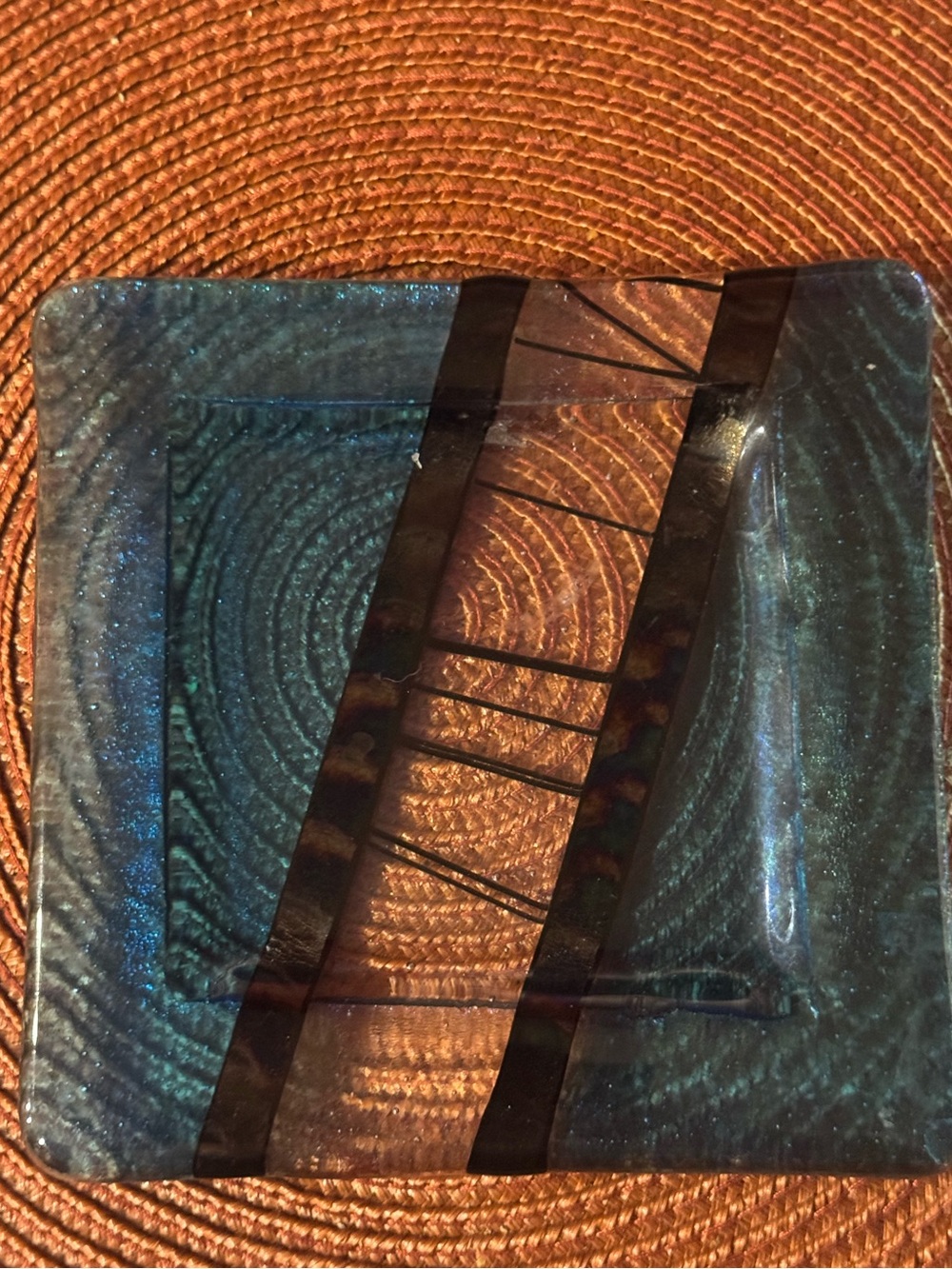 Handmade Fused Art Glass Square Dish 6x6", Abstract Teal & Bronze Stripe Design